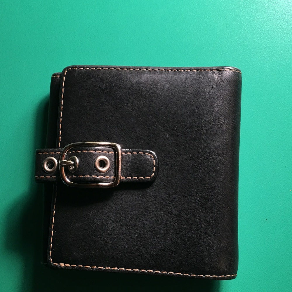 Coach Black Leather Trifold Buckled Wallet
